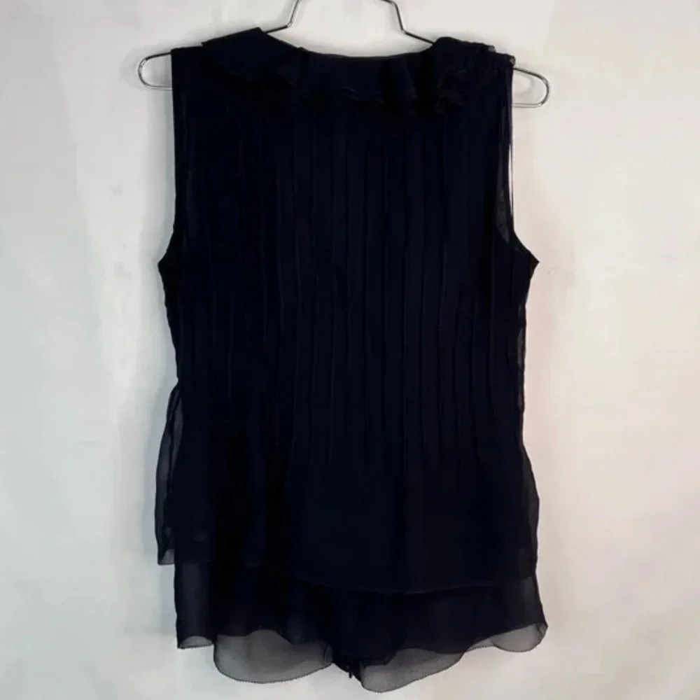 Tory Burch Silk Navy Blue Ruffle V-Neck Blouse w/ Buttons